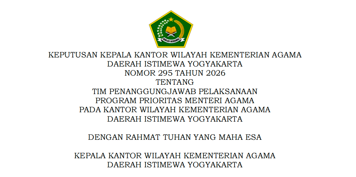 Pengumuman: Pembentukan Tim Penanggungjawab Program Prioritas Menteri Agama (ASTA PROTAS) Kanwil Kemenag DIY Tahun 2026